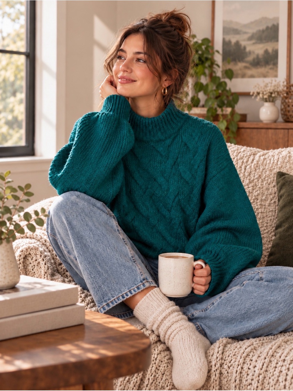 Nine West Teal Cable Knit Sweater Mock Turtleneck Pull Over XS NWT